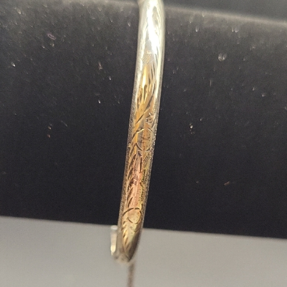 Silver Etched Bangle Bracelet with Intricate Design